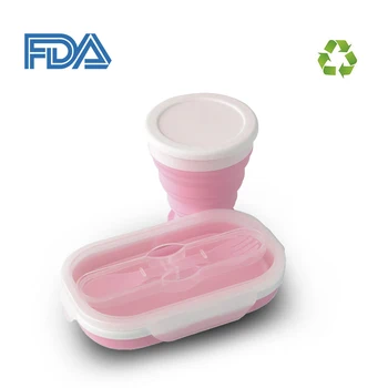 

2Pcs/set Silicone Folding Bento Box Collapsible Portable Lunch Box for Food Dinnerware Food Bowl Foldable Silicone Cup with Lid