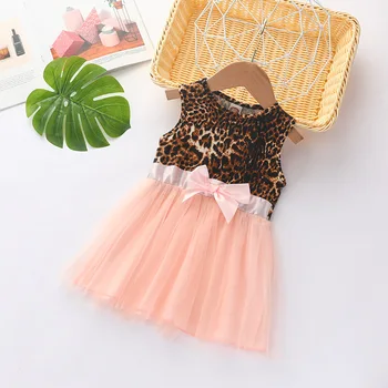 

Newborn Dresses Girls Sleeveless Leopard Gauze Princess Dress Stitching joint Dress Bow Princess Baptism Fashion Infant Clothing