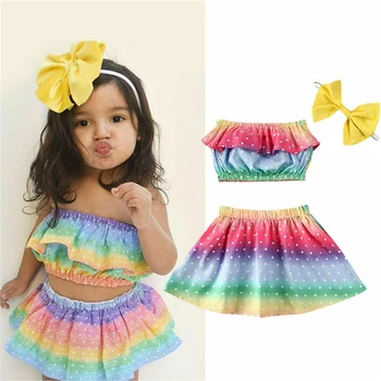 

Cute Kids Girl Clothes Set Rainbow Dot Sleeveless Tank Tops Mini Skirts Headwear 3pcs Outfits Sets Baby Girl Summer Clothes 0-3Y