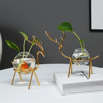 

Terrarium Hydroponic Plant Vases Flower Pot Transparent Vase Iron Deer Frame Glass Fish Tank Tabletop Plants Home Bonsai Decor