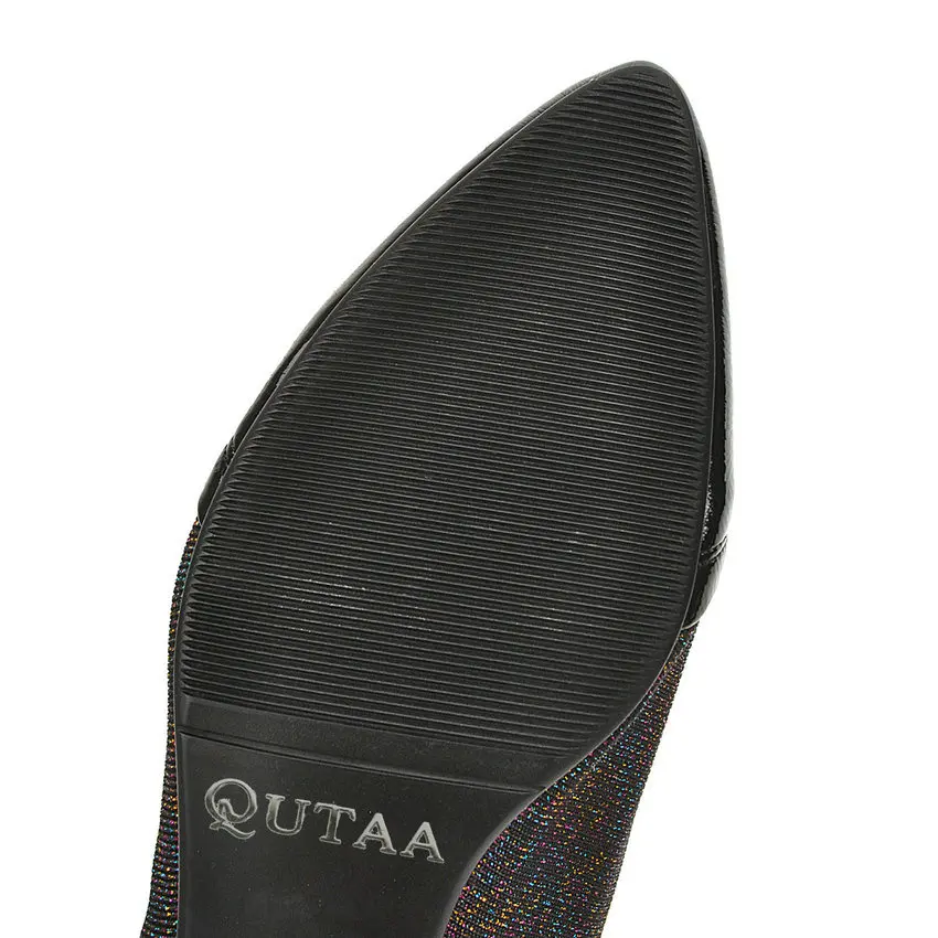 QUTAA/ г. Модная женская обувь на квадратном каблуке; сезон осень-зима пикантные сапоги до середины икры из эластичной ткани с острым носком из искусственной кожи размеры 34-43