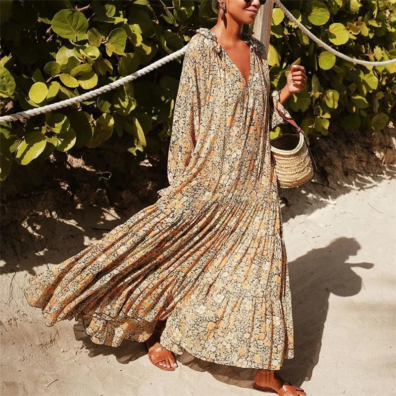 

Women Dress Autumn Ladies Printed Sexy V Neck Long Sleeve Beach Maxi Dress Womens Fall Fashion Party Dresses