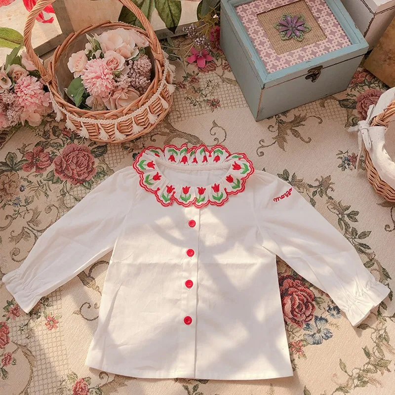 Детская рубашка с вышивкой тюльпана для девочек весна 2020 длинным рукавом МП на