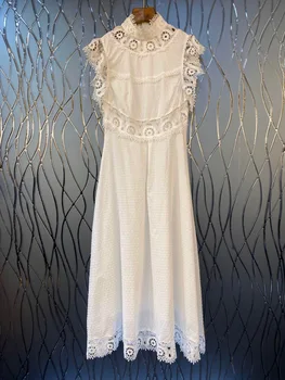 

2020 Early Spring New Model Elegant Vintage O-neck Sleeveless Lace White Lady's Long Dress Free Shipping Worldwide
