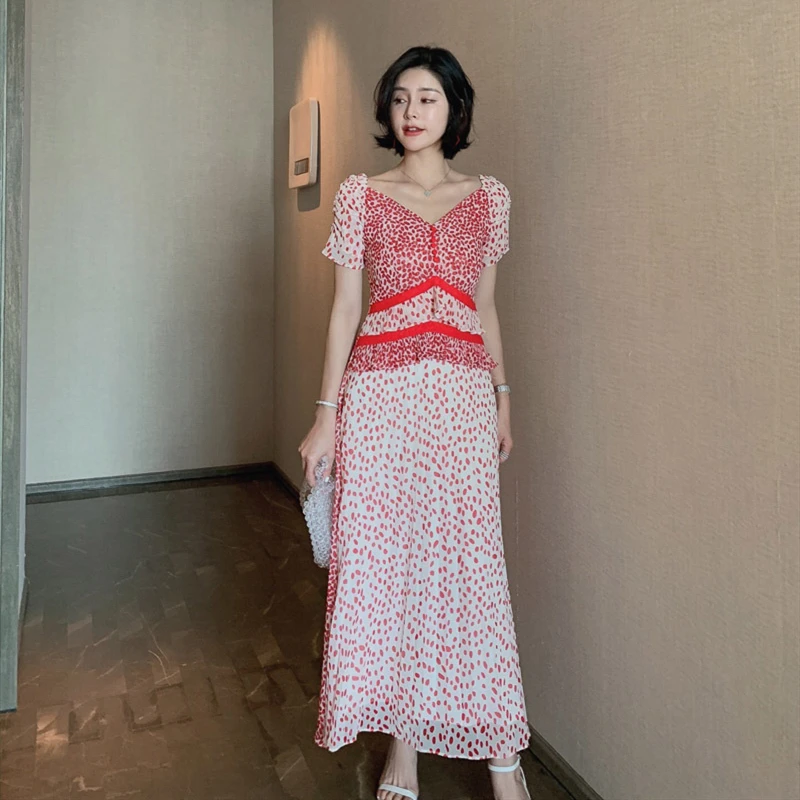 

2020 New Summer Women V-neck Fashion Dress Ladies Printing Chiffon Long Dresses Female Slim Fit High Quality Dresses LT159