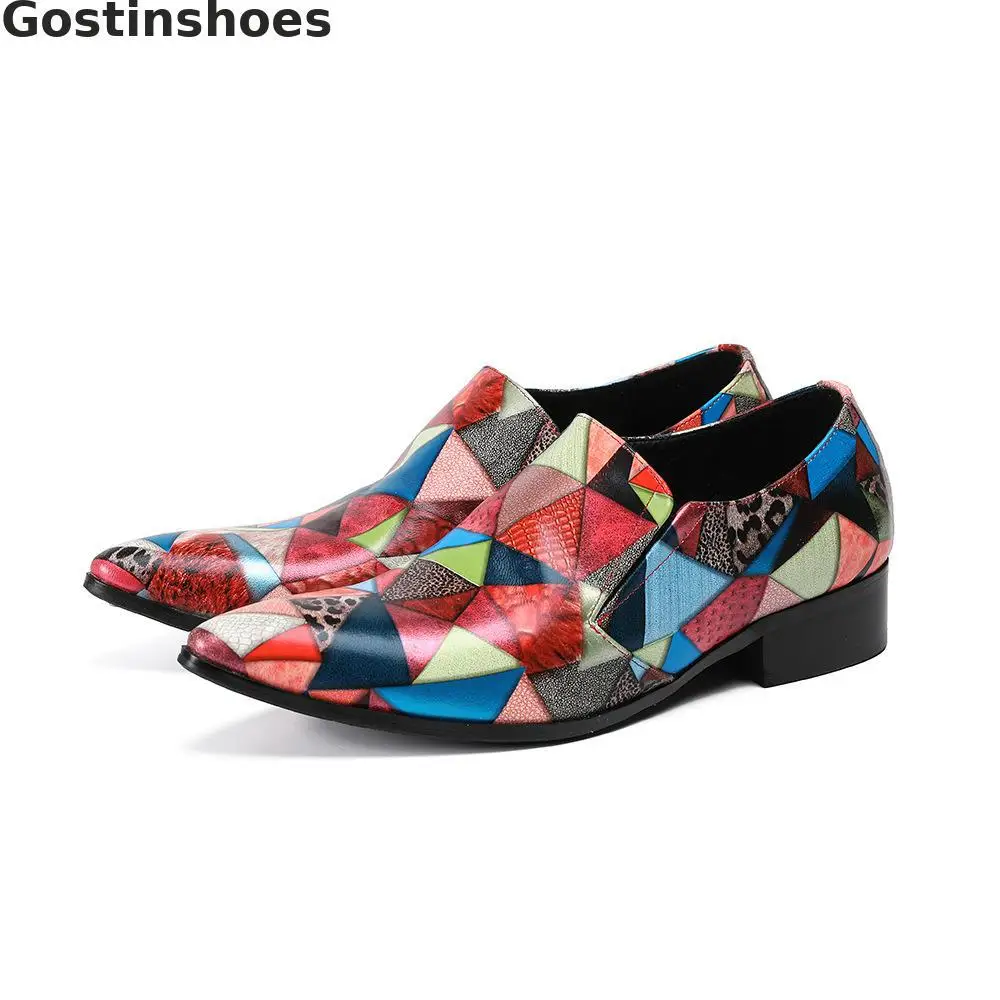 Mixed Color Men Loafers Genuine Leather Pointed Metal Capped Toe Casual Leather Shoes Slip-on Rubber Outsole Men Shoes Fashionable - Color: Multi