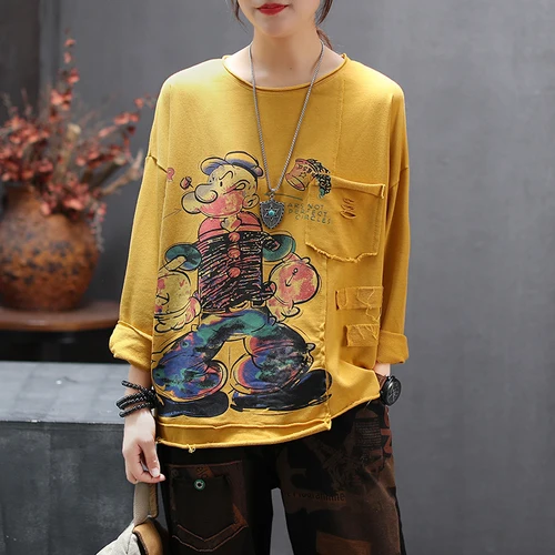 yellow T shirt Свободная хлопковая Футболка с принтом с героями мультфильмов Винтажная футболка с длинными рукавами хлопковая Футболка с круглым вырезом обычного размера плюс для женщин Z3 - Цвет: yellow T shirt