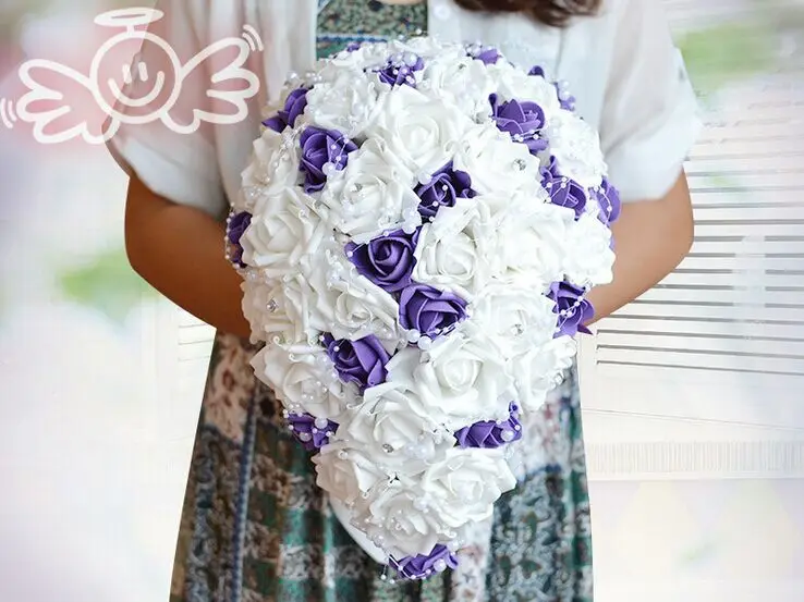 Waterfall Purple Wedding Flowers Bridal Bouquets Artificial Pearls Crystal Wedding Bouquets Bouquet De Mariage Rose