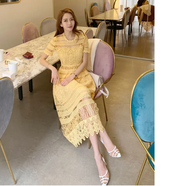 

Office Ladies Yellow Lace Dress short Sleeve Women Dress Elegant Slim Waist A-line Ruched Female Party Vestidos femme