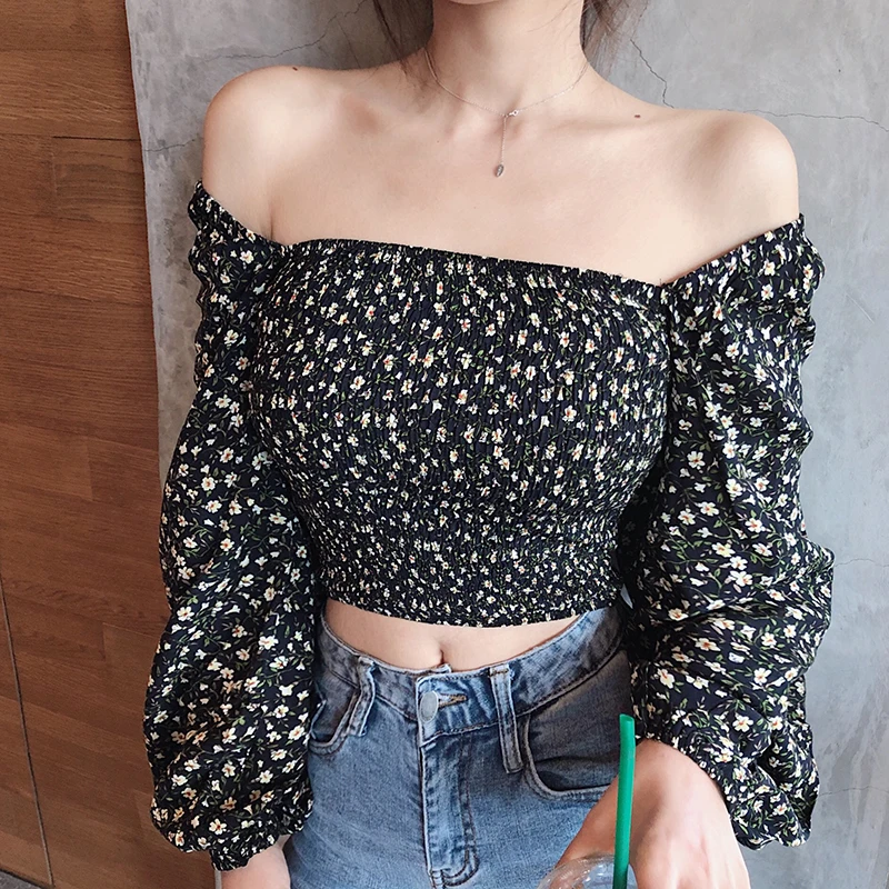 

Retro Square Neck Blouse Little Flower Print Lantern Sleeve Top Women Shirt Cropped Chemise Femme Chemisier Blusa Mujer Camisa