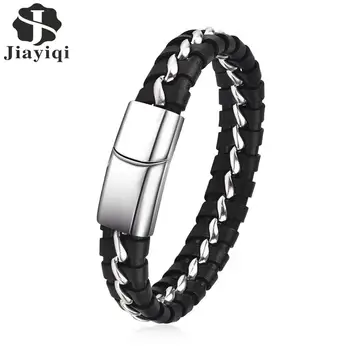 

Jiayiqi Fashion Genuine Leather Bracelet for Men Stainless Steel Bangles Punk Braided Rope Chain Vintage Wrist Jewelry Male Gift