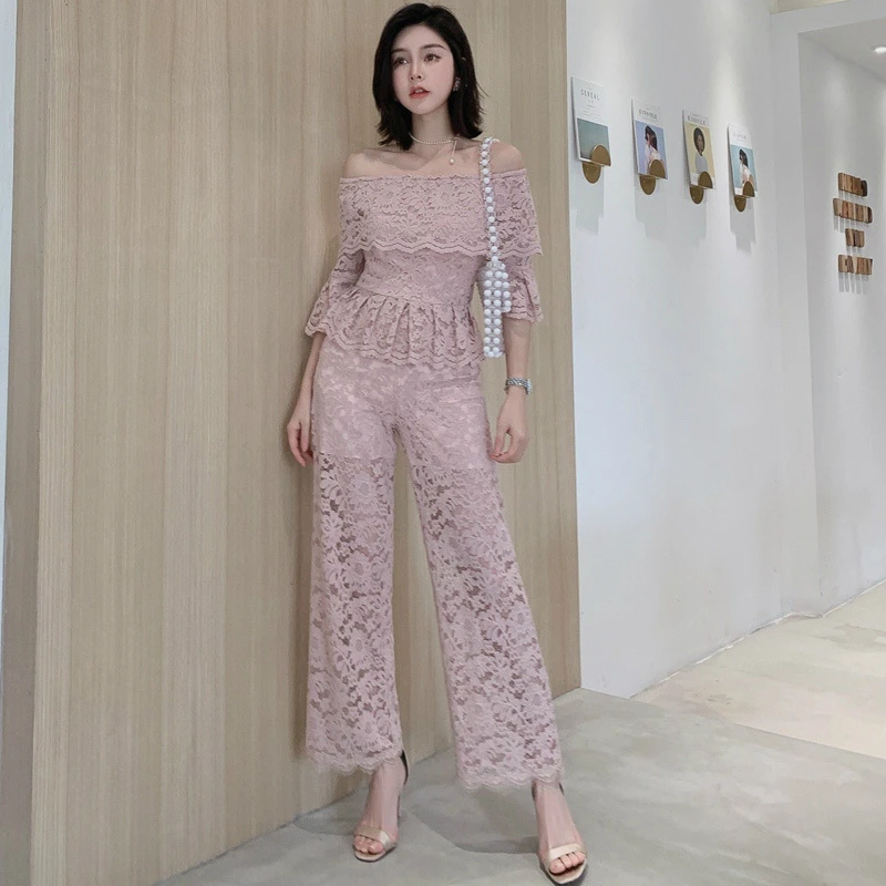 

Autumn Winter Sexy Two Piece Set for Women Slash Neck Flare Half Sleeve Blouse and Wide Leg Pants Pink White Ladies 2 Piece Set