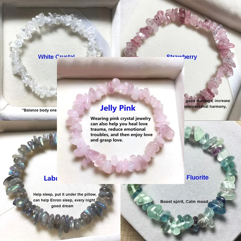 Pulsera de cuentas con Chip de piedra de Reiki de la suerte para hombre y mujer, brazalete rosa de cristal Natural, joyería, regalo de Navidad