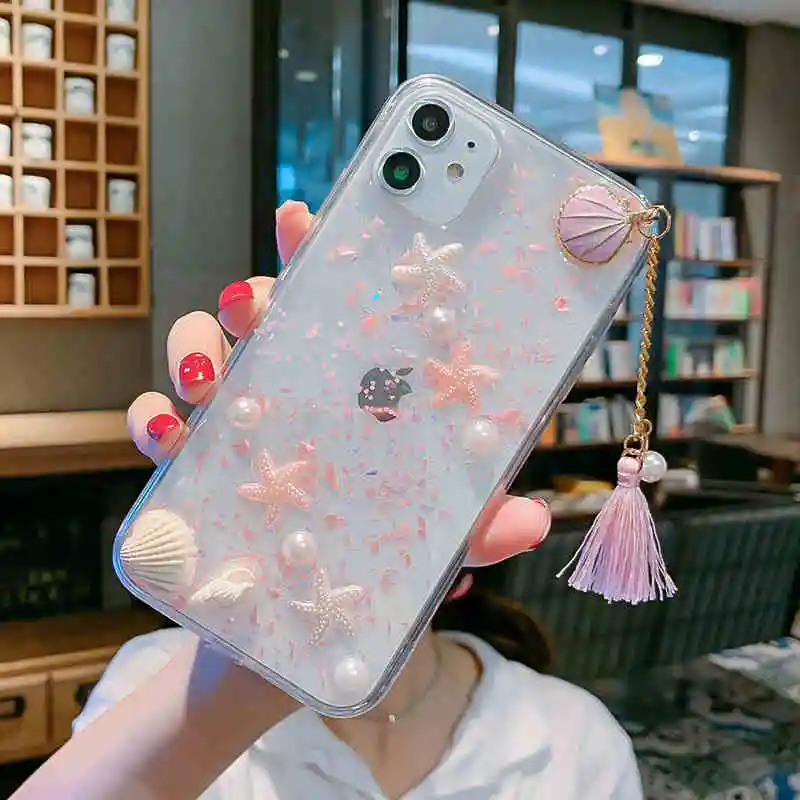 Для iPhone 11» бетонный завод/XS Max океана чехол 3D раковина морской звезды мягкий чехол для iPhone X XR 7 8 6splus Прозрачная крышка для iPhone 8plus с кисточкой