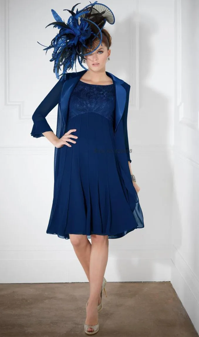 

Hot Sale Two Piece Royal Blue Mother of Bride Dresses Knee Length Chiffon 3/4 Sleeve Mother's Dress