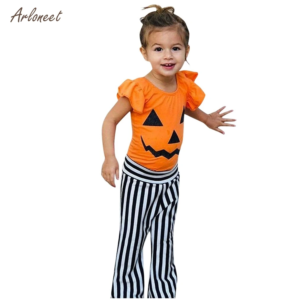 ARLONEETToddler/футболка с тыквой на Хэллоуин для маленьких девочек+ штаны в полоску детская зимняя одежда костюмы на Хэллоуин conjunto infantil menina