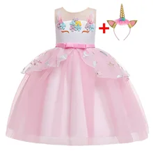 Платья с единорогом для костюмированной вечеринки, платье принцессы с цветочным рисунком Бальные вечерние платья для детей Детские платья для девочек 3-10 лет, DJS012