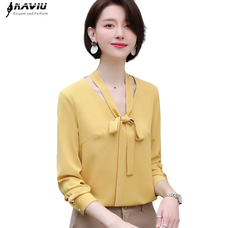 

Professional shirt women long sleeve autumn new fashion slim bow V Neck chiffon blouse office ladies elegant work tops yellow