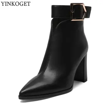 

ALLBITEFO leisure genuine leather thick heel ladies women boots buckle autumn winter ankle boots comfortable girl boots