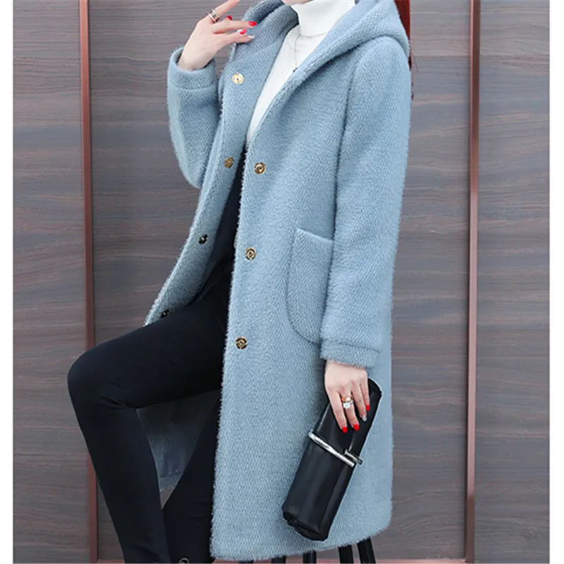 Single-breasted Solid Streetwear All Match Windbreake Female Warm Women Winter Jacket Woolen Coat Wool Coat Hooded New - Цвет: Небесно-голубой