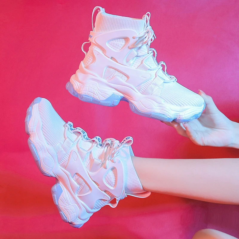 Chunky Shoes Wedge-Sneakers High-Top Moipheng Women White Breathable Casual Mesh Zapatos-De-Mujer