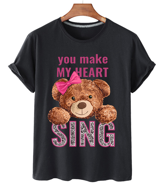 Quality Sing Bowknot Bear Print Cotton Short-sleeved O-neck Loose Casual Top T-shirt Female Oversized T-shirt Couple S-3XL