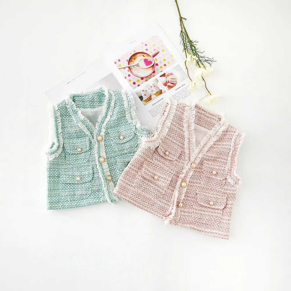 WLG girls cute vests kids autumn green pink v neck single breasted vest
