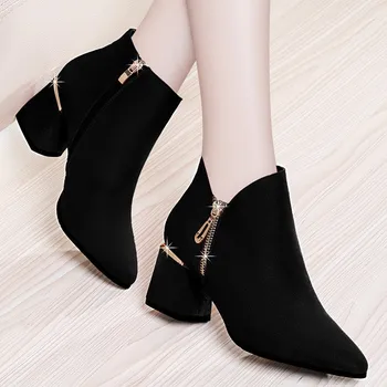 

Round Toe Casual Square Heel Women Ankle Boots Solid Zip Med Vintage Boots Autumn 2121 Chelsea Flock Sewing Big Size Shoes