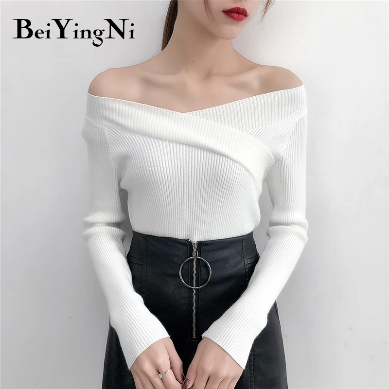 

Beiyingni Fall Slash Neck Womens Sweaters Off Should Sexy Slim Fit Stretch Elegant Women Sweater Knitted Kpop Hiver Truien Dames