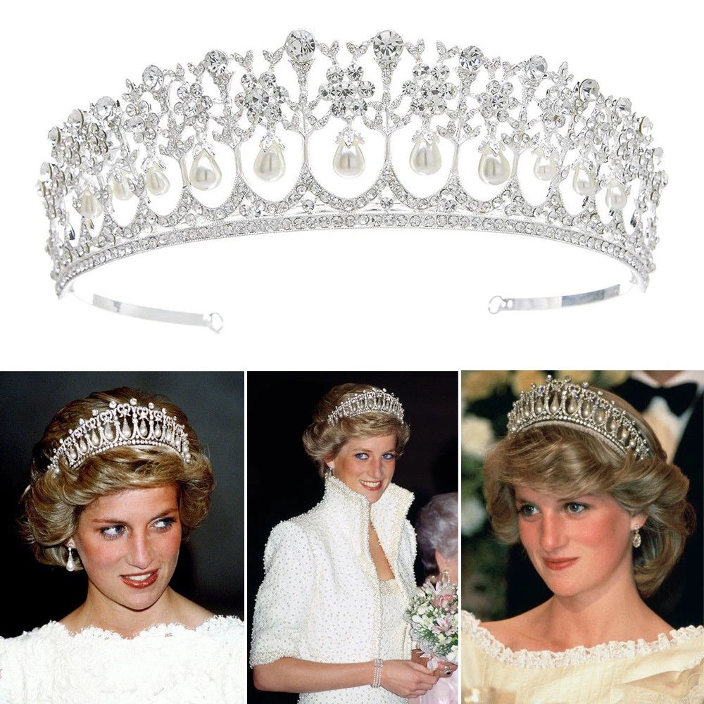 Wedding Bridal Rhinestone Crown Diana Tiara Pearl Headband Hair Accessories Gold 