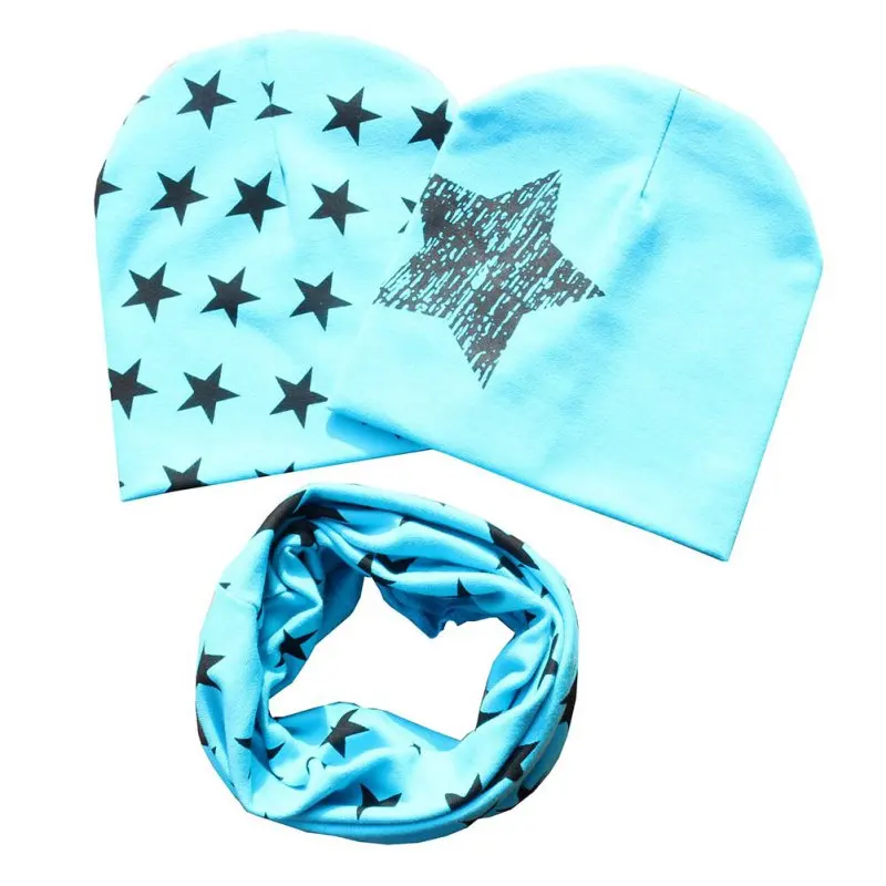 2 предмета шапки+ 1 шт. шарф, шаль двух до шести лет модный детский набор из хлопка для малышей звезды и головным убором Дети для маленьких мальчиков и девочек, Лидер продаж - Цвет: Небесно-голубой