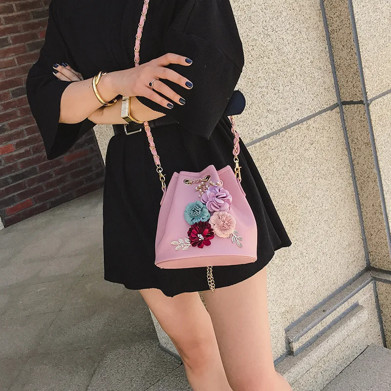 

2019 new fashion sweet lady flower bag with bucket bag single shoulder oblique span woman