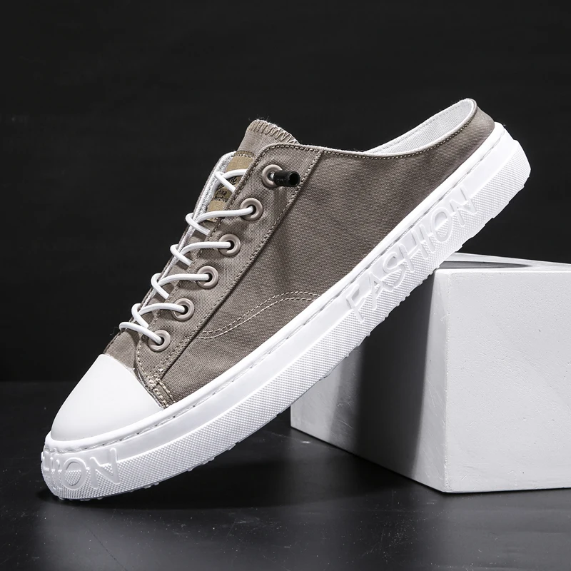 

Summer Men Canvas semi-slippers shoes Luxury Men Sneakers Shoes Rubber Sole Man Canvas Casual Shoes Elastic Vulcanize Shoes