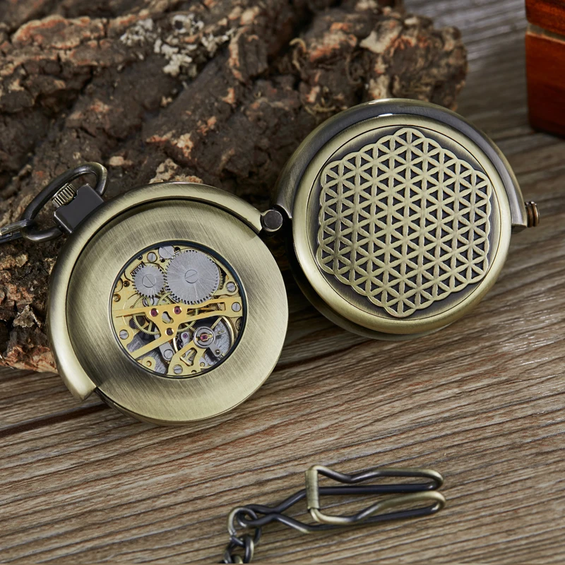 Antique Retro Hollow Cover Double Turntable Capping Hand-Winding Mechanical Pocket Fob Watch Men Steampunk Bronze 30Cm Chain