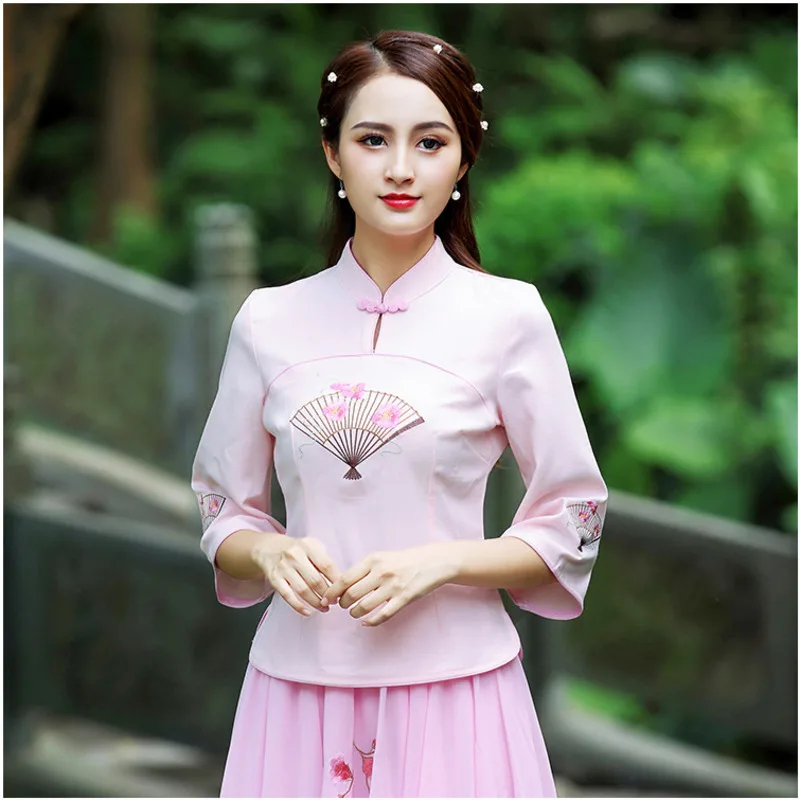 

SHENG COCO Lady Chinese Style Cotton Blouse Qipao Tops Embroidery Fan Hanfu Blouse Half Sleeve Improve Summer Tshirt Clothes