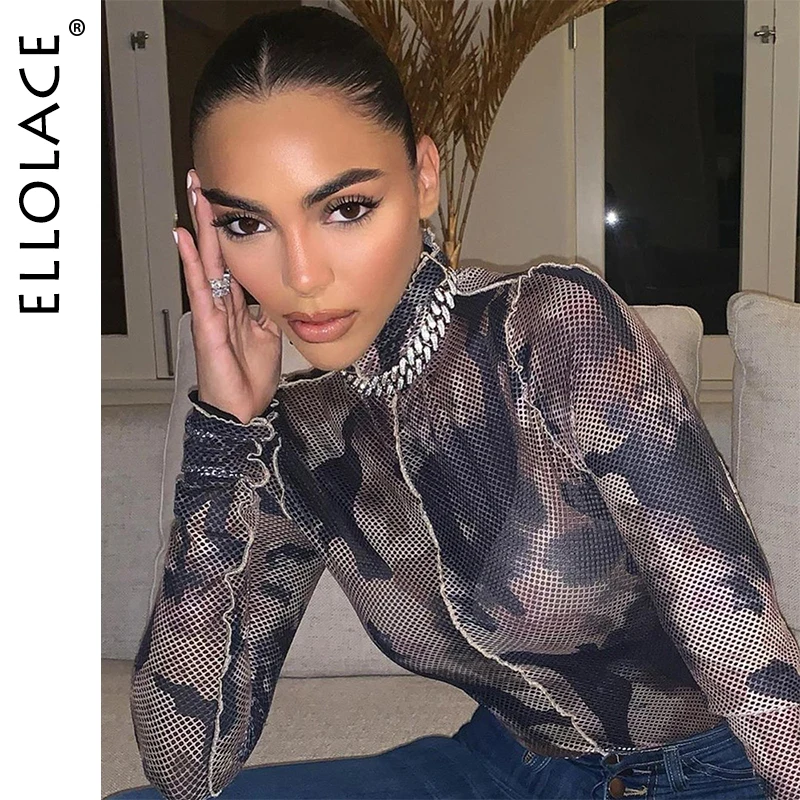 

Ellolace New Mesh Bodysuit Women Long Sleeve Bodys Fashion Print Overalls Bodycon Rompers 2020 Fashion Fitness Short Jumpsuit