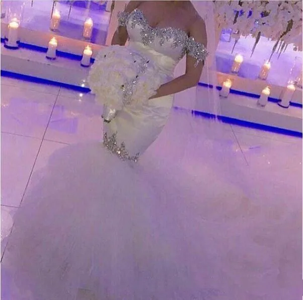 

Off the shoulder Mermaid Wedding Dresses 2019 Hot Selling New Sweep Train Bling Bling Luxury Beads Crystals Tulle Bridal Gowns