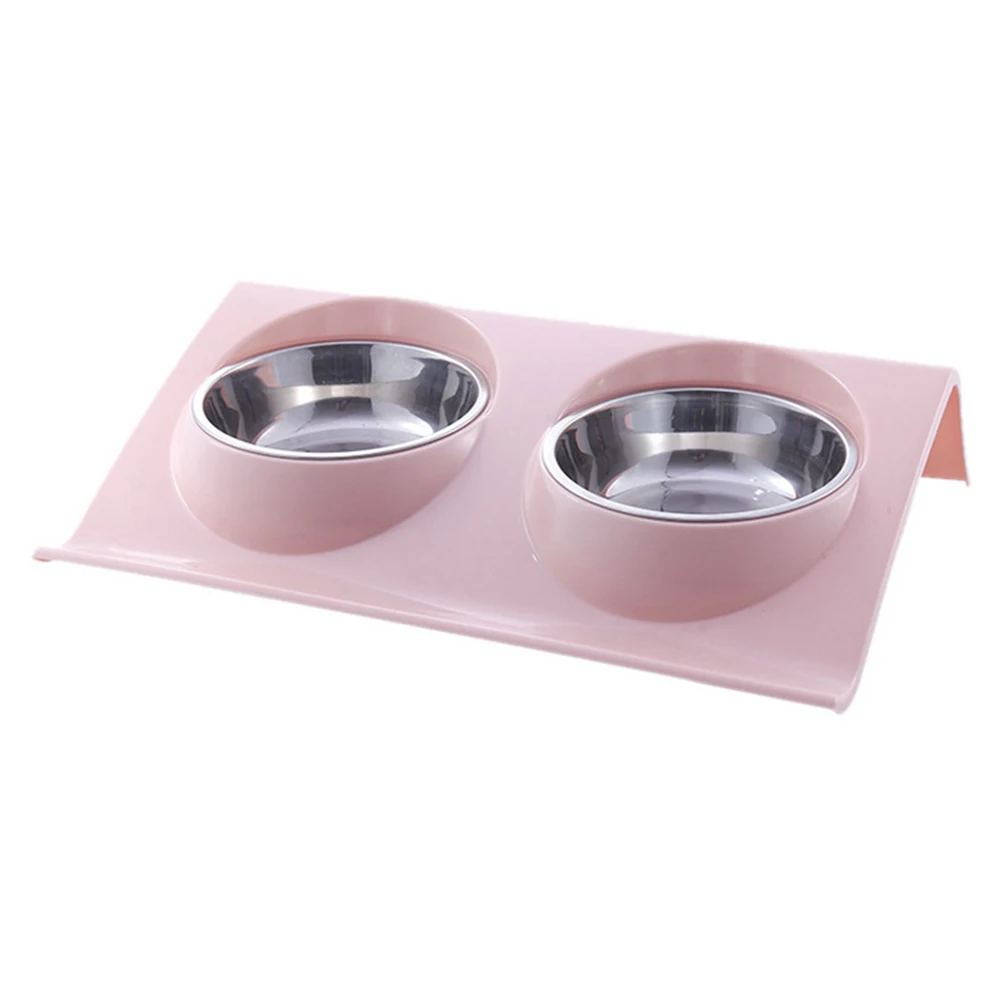 Pink Двойная миска для кошек из нержавеющей стали для домашних животных, кормушка для воды для собак, щенков, кошек, товары для домашних животных, посуда для кормления - Цвет: Pink