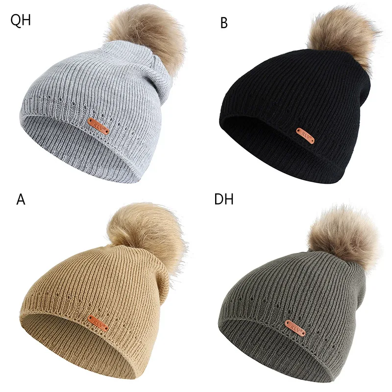 Women Knitting Solid Color Double Layer Winter Outdoor Warm Wool Hat With Faux Fur Pompom