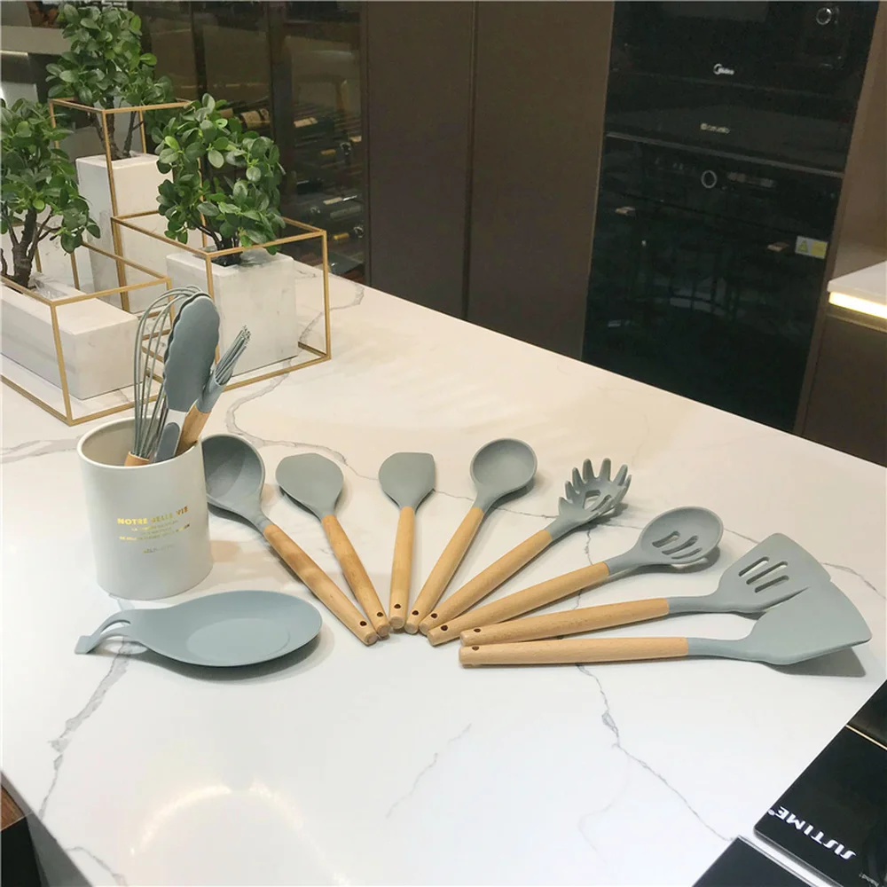12/13 силиконовая кухонная утварь с деревянной ручкой, кухонный набор, наборы инструментов для приготовления пищи, аксессуары с нержавеющим стальной ящик для хранения
