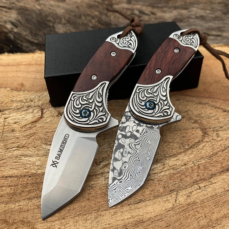 

New SAMSEND D2 andVG10 damascus steel blade Folding Knife EDC tools Send high-end gift box.
