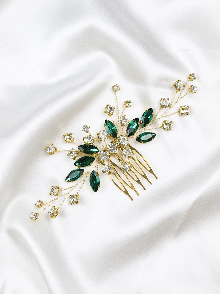 Bohemian Green Wedding Hair Comb Rhinestone Hair Jewelry Bridal Flower Headpiece Romantic Ornaments For Bride Ornament hair accessories bridal hair accessories bridal jewelry set