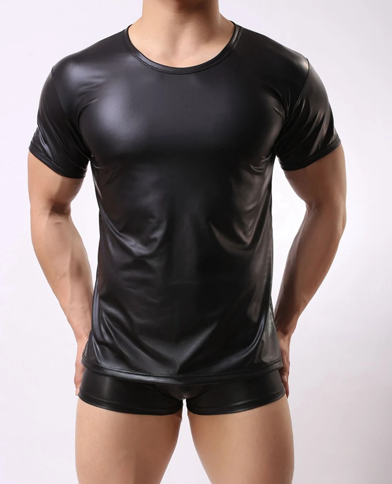 Men Patent leather Short Sleeve T Shirts PU Leather Sexy Fitness Tops ...