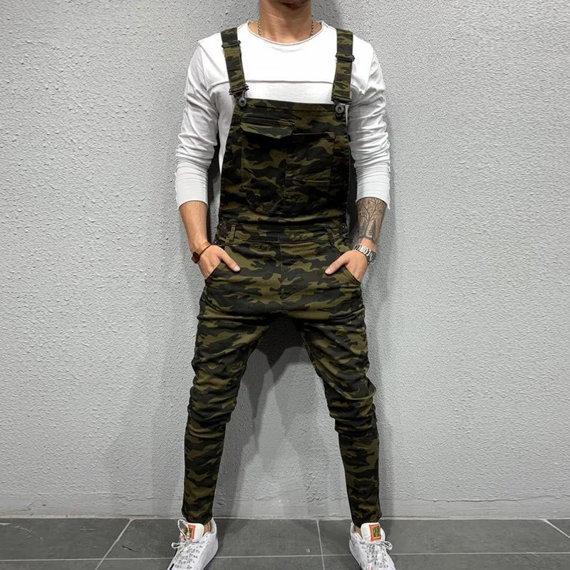 Men Fashion Slim Fit Denim Jumpsuits Modish Strap Overalls Casual Suspender Distressed Pant