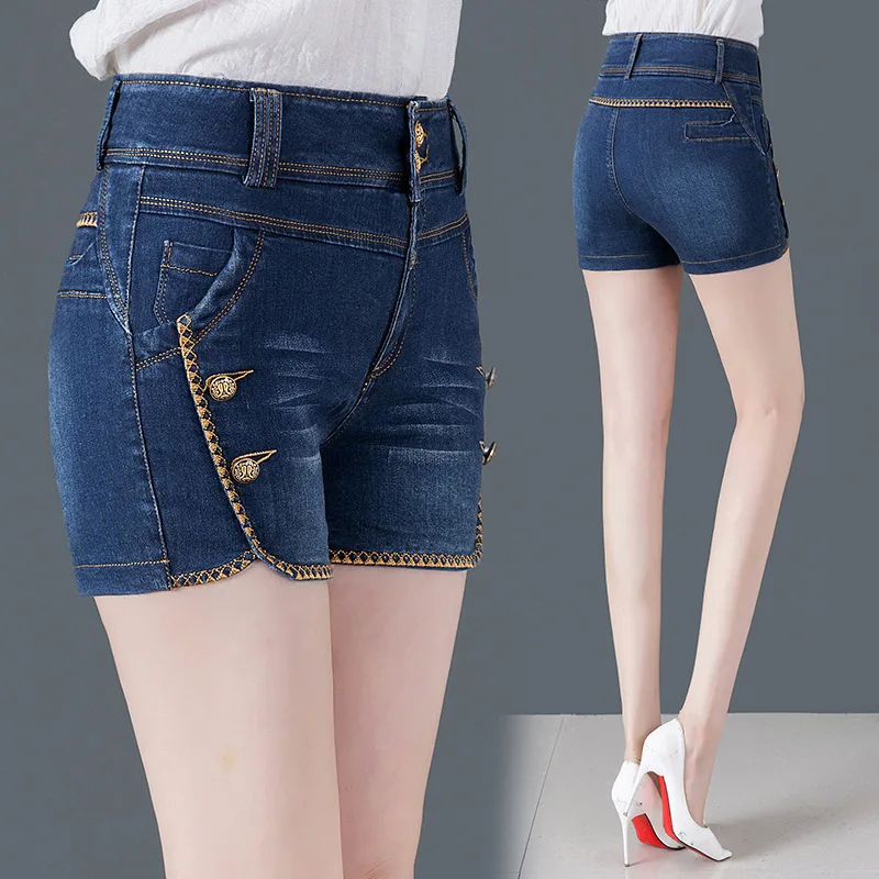Zipper pants blue Степень герметичности талии высокой талии ковбойские шорты темно-синие женские свободные показать тонкие широкие ноги слово прилива - Цвет: Zipper pants blue