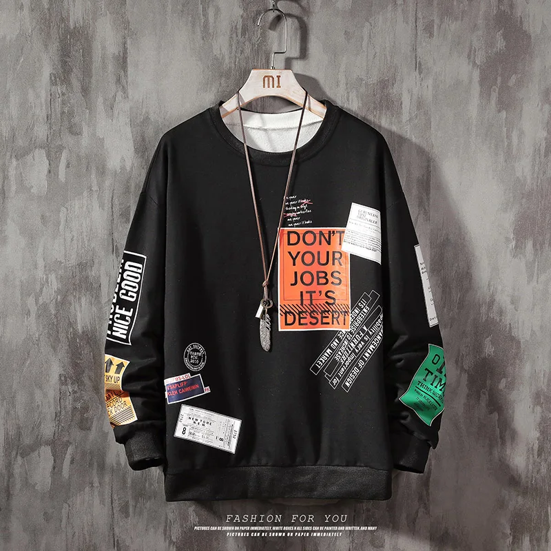 

Popular Men Swearshirts Hip Hop plus large size Color block Man Street sports 2019 Autumn Warm Text letter Black Sweatshirts