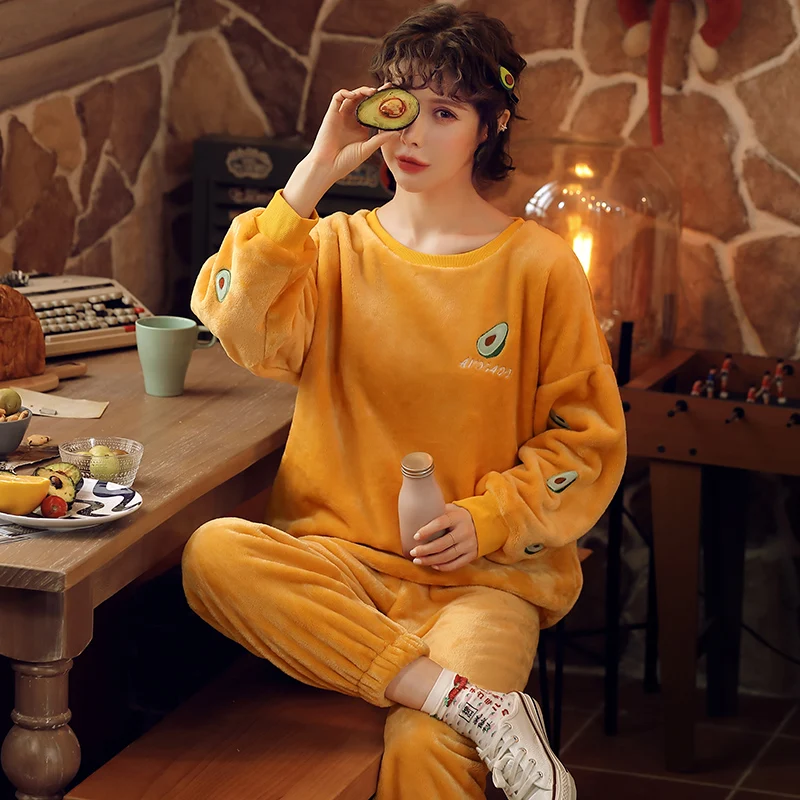 JRMISSLI зимние женские пижамные комплекты длинный рукав фланель толстый авокадо принт милые свободные пижамы Mujer ночная рубашка для женщин пижамы для девочек