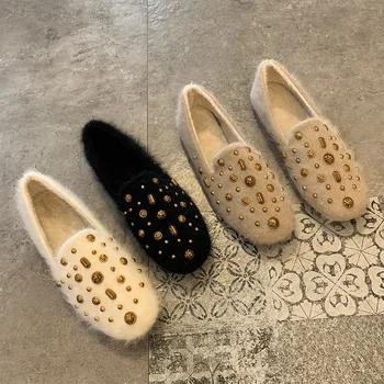 

Warm Plush Fur Flats Women Shoes Woman 2020 New Spring Slip on Rivet Diamond Casual Shoes Solid Black Ladies Shoes Ballet Flats