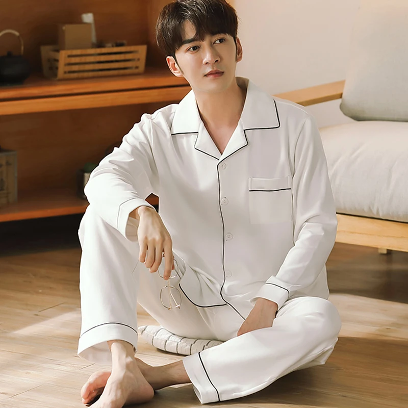 Fine Cotton Pajamas for Men Bedroom Clothes Winter Pijama Hombre Button-Down Sleepwear Cotton Home Clothes PJ White Warm Pyjama