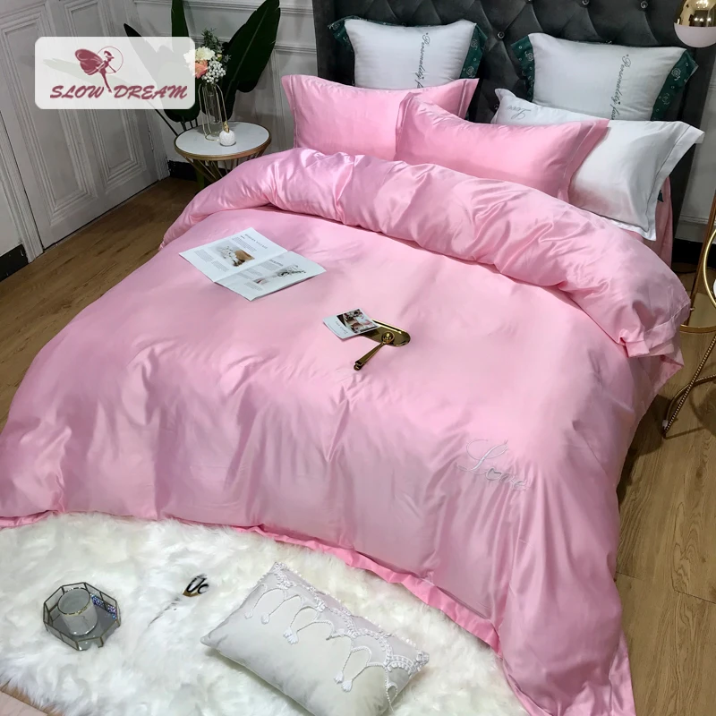 Lowdream розовый сплошной цвет Шелковый набор постельных принадлежностей для девочек Любовь пододеяльник комплект простыня роскошный наволочка пододеяльник комплект постельного белья